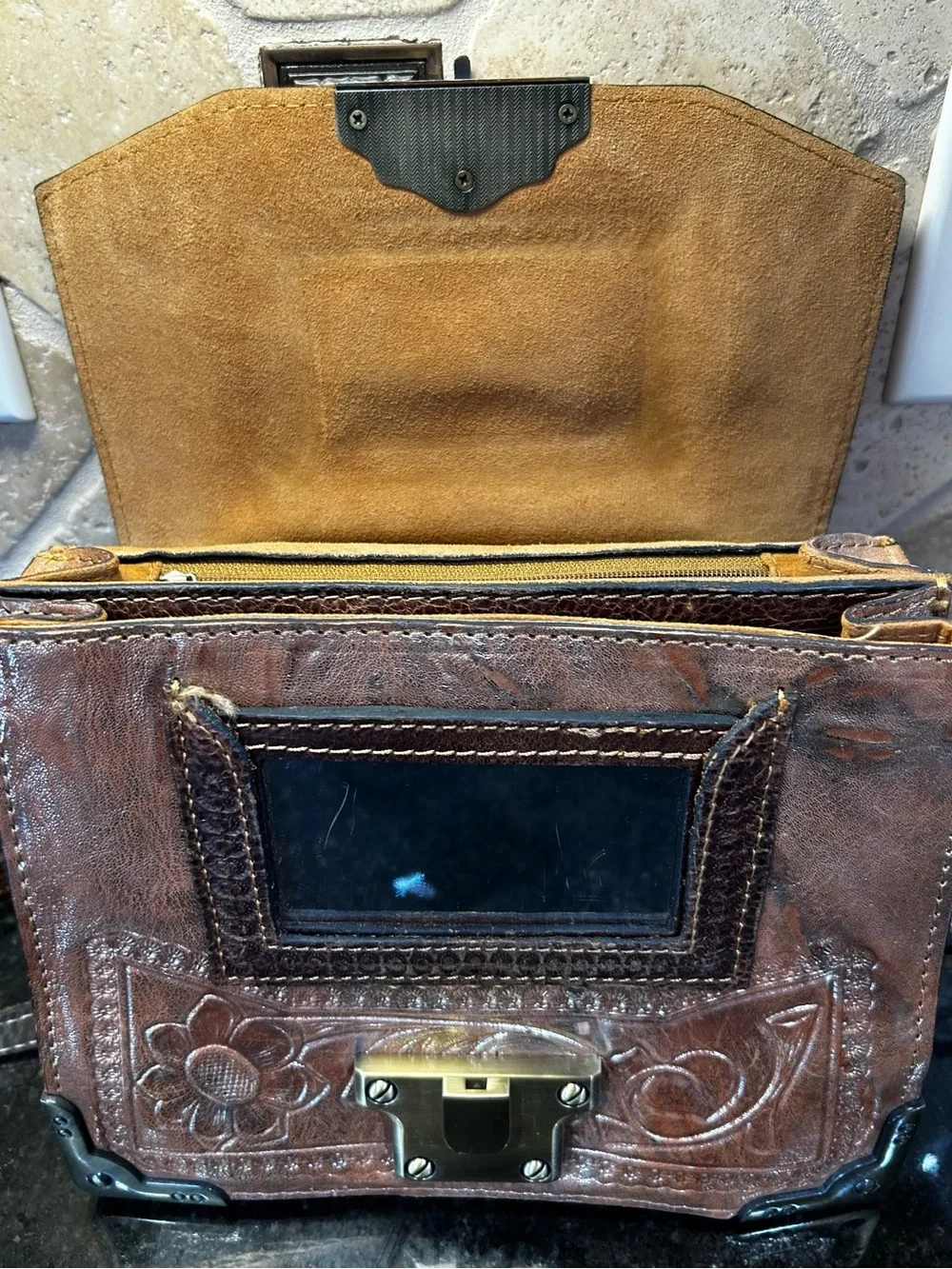 Patricia Nash Burnished Gold Tooled Leather Lanza Crossbody Bag